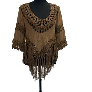 Rebellion brown bohemian style crochet fringe tassel blouse Sz M